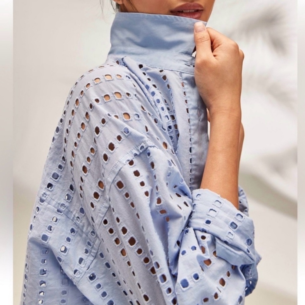 CALIA Oversized Perforated Long Sleeve Collared Button Down Cover Up